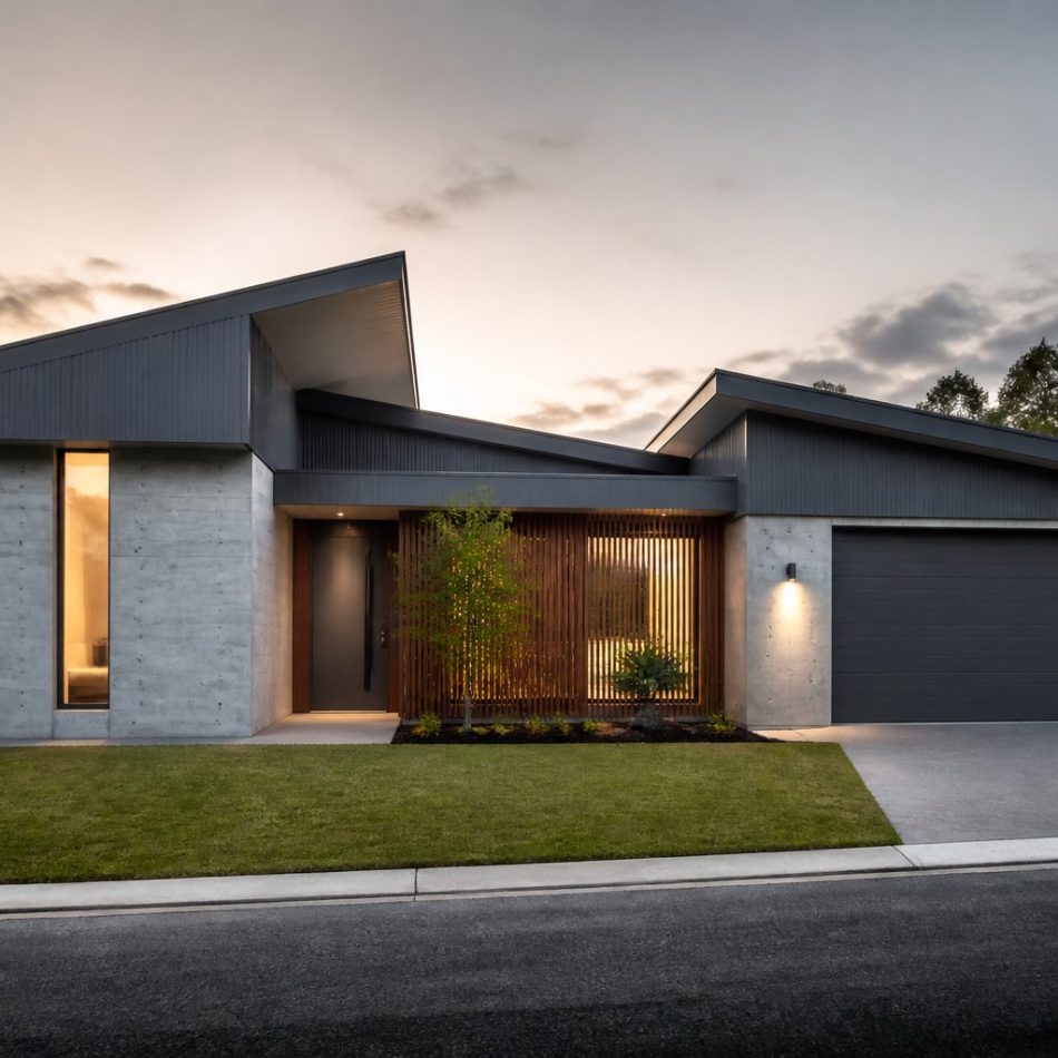 modern Australian home with angled Basalt Colorbond skillion roofs